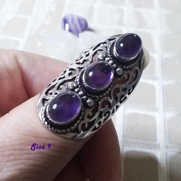 Genuine Amethyst Cabochon Shield Ring - Size 7.5 or 9! Trendy Boho Sexy Chic - Picture 9 of 12